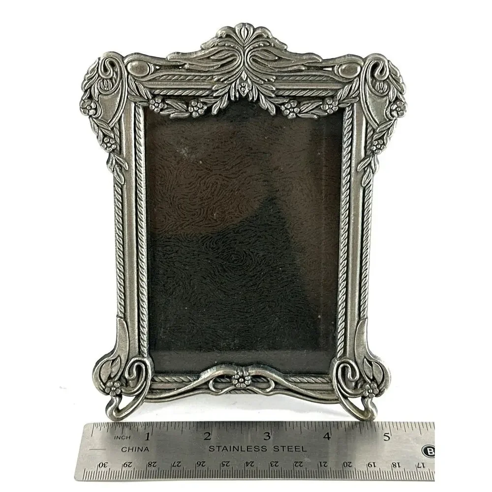 Vtg Ornate Silver Tone Picture Frame Floral Scroll Easel Back 5x6.5 Fits 3.5x5